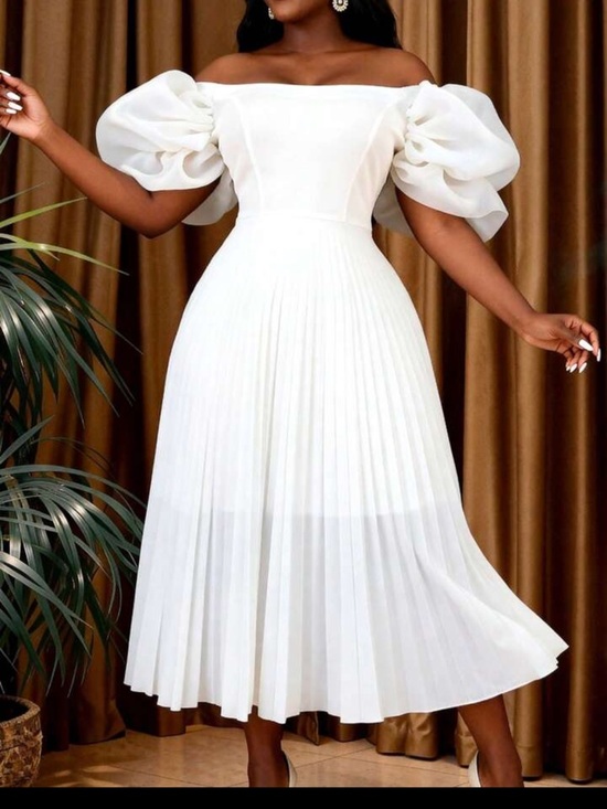 Aomei Dress Dresses & Skirts - Off-Shoulder White Pleated Midi Dress with Statement Puff Sleeves